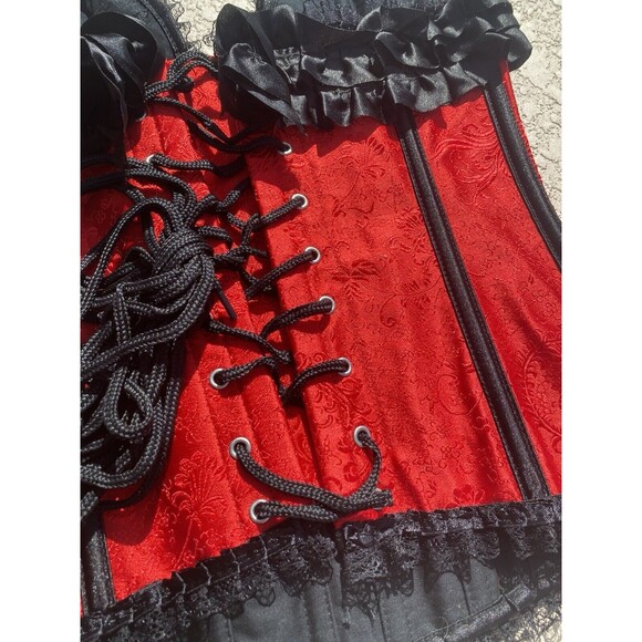 NWT BEDROOM STORIES Over-bust Corset Lace Up Boned Ruffles Womens S Red Black - Picture 9 of 13